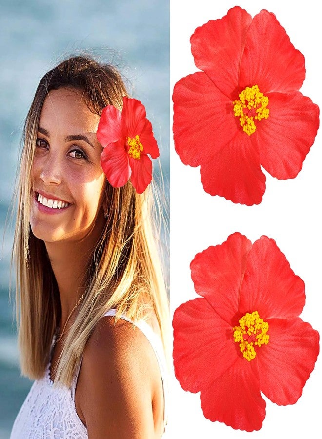 Jeffan 2 PCS Hawaiian Flowers Hair Clips, Hibiscus Flowers Hair Clip Beach Party Bohemian Flower Hair Accessories for Women Girls Dancer Bride Wedding Beach Party (Red) - Image 1